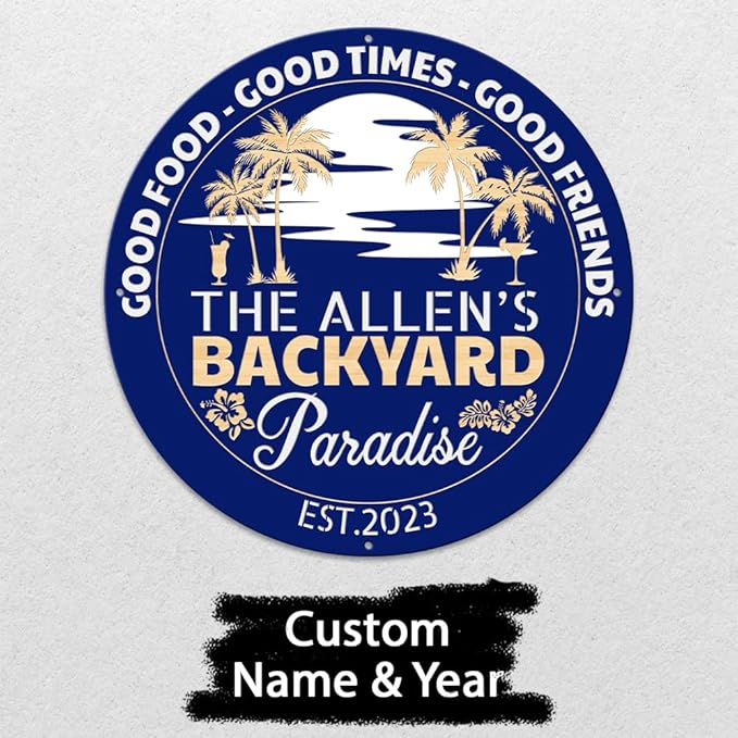 MeMate Personalized Backyard Paradise Sign - Customized Name Established Year Metal Sign for Outdoor Patio Decor, Restaurants, Farmhouse - Round Printed