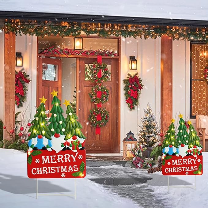 Afirst Christmas Yard Stakes Light Up Yard Decorations with LED Gnomes Santa Trees Metal Lighted Stakes Merry Christmas Sign Outdoor Garden Stake Lawn Pathway Outdoor Decoration