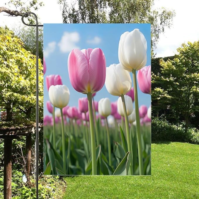 Gkyygk Tulips Flower Welcome Banners Garden Flag Pink White Double Sided 12x18 Inches Farmhouse Holiday Outside Decorations Burlap Yard Flag