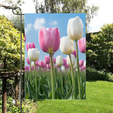 Gkyygk Tulips Flower Welcome Banners Garden Flag Pink White Double Sided 12x18 Inches Farmhouse Holiday Outside Decorations Burlap Yard Flag