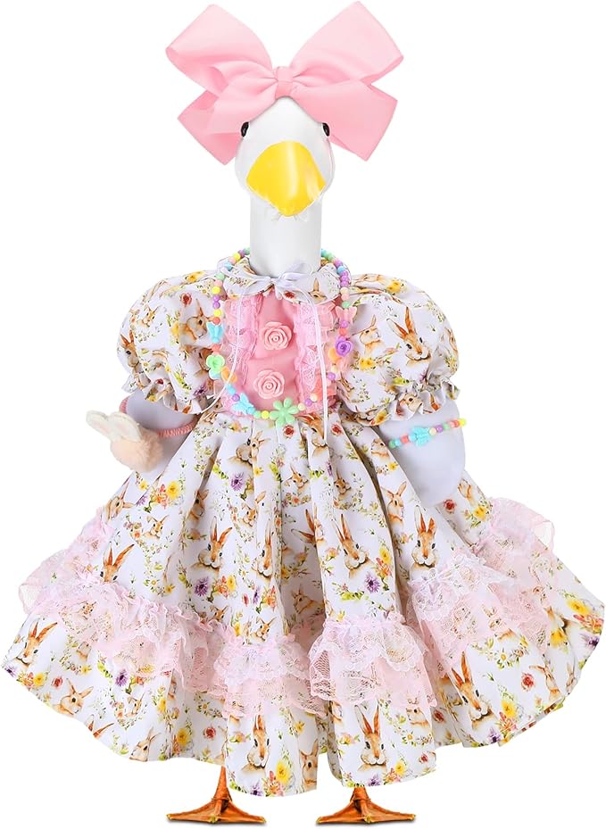 Abbylike 1 Set Easter Bunny Porch Goose Outfit Rabbit Yard Goose Costume Clothes with Bow Headband Fits Large 23'' H Cement for Easter Day Outdoor Patio Garden Lawn Pathway Spring Statue Decor