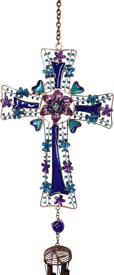 Ebros Gift Blue Floral Aquamarine Cross with Gemstones and Crystals Metal Scroll Filigree Resonant Relaxing Wind Chime 31" Long Aluminum Rods Hanging Mobile Home Patio Garden Decor