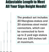 20 Pack 15in Glass Fiber Yard Sign Stakes with 20 Stainless Steel Connectors, 3.5mm Diameter, Adjustable Length for Hollow Board Signage, Outdoor Grass Installation, Durable & Lightweight