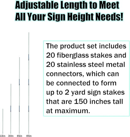20 Pack 15in Glass Fiber Yard Sign Stakes with 20 Stainless Steel Connectors, 3.5mm Diameter, Adjustable Length for Hollow Board Signage, Outdoor Grass Installation, Durable & Lightweight