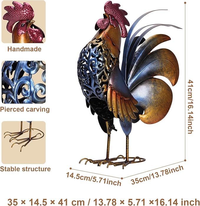 Rooster Garden Statues,Vintage Chicken Statue for Outdoor Decor, Regal Mighty Metal Rooster,Perfect Handmade Gift for Housewarming, Friends, Garden Lover