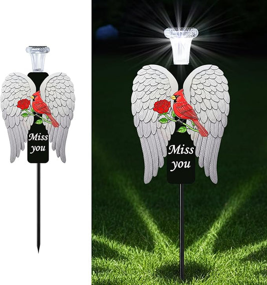 20-Inch Solar Angel Wings Memorial Stake with Red Cardinal - Metal Cemetery Decorations for Grave - Weatherproof Sympathy Gift for Loss of Loved One(Angel Wings)