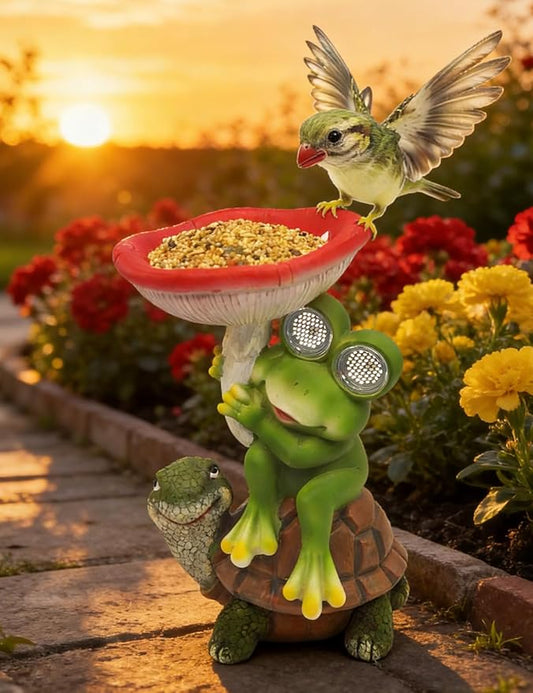 Funny Solar Garden Statues 10'' Frog Turtle with Mushroom Bird Feeder and Eyes LED Lights - Lawn Decor Outdoor Statues for Patio Balcony Yard Ornament - Unique Gardening Gifts for Women Grandma Mom.