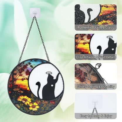 Stained Glass Window Hanging - 6.3 Inch Cat Memorial Suncatcher, Cat Ornament for Window Home Door Wall Garden Outdoor in Loving Memory for Loss, Cat Lover Sympathy Gifts for Adults Women Men