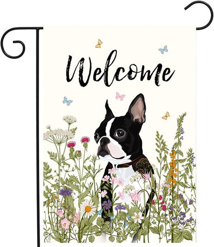 Spring Summer Garden Flag Floral Boston Terrier Yard Flag Flower Dog Garden Flags for Outside Small Outdoor Welcome Flags 12x18 Double Sided