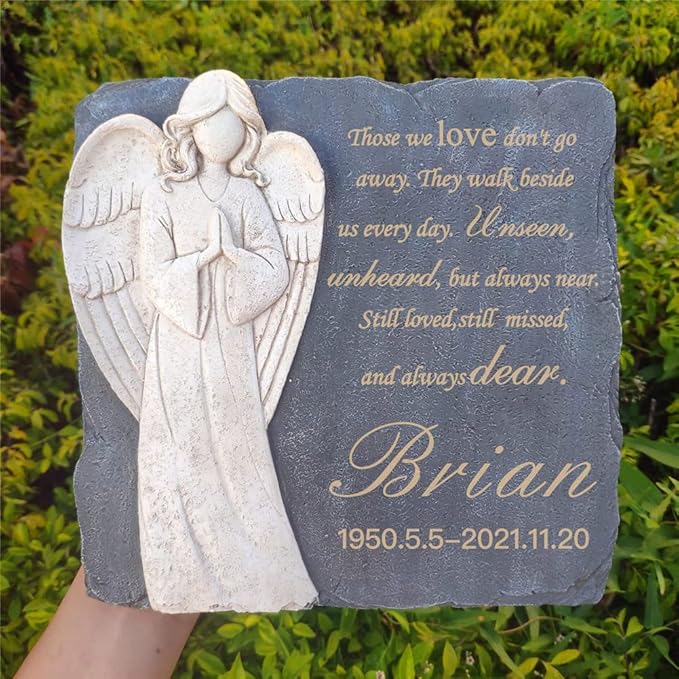 Personalized Garden Memorial Stones for Loved Ones Outside, Angel Memorial Stones Plaques Engraved with Name - Customized Grave Plaques Headstones for Cemetery(Square)