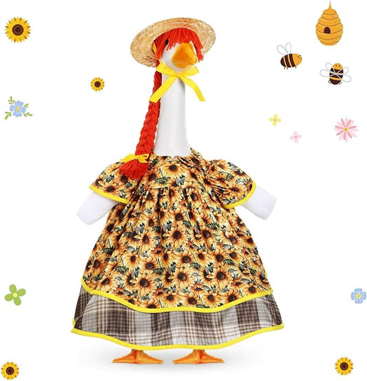 FuWeave Spring Goose Outfit Sunflower Lawn Porch Cement Goose Sunmer Clothes Skirts Hat Wig Forgarden Outdoor Patio Yard Statue Art Decor(Sunflower,17 Inch)