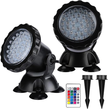 Pond Lights LED Underwater Color Changing Submersible Fountain Lights with Remote and Stake, 36 LED Bulbs Landscape Light Multi-Color for Aquarium Garden Pool