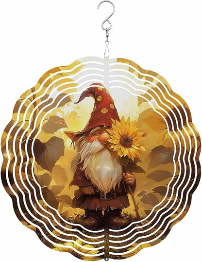 Stainless Steel Wind Spinner for Yard Garden Decoration, Fall Cute Gnomes Sunflower Round Wind Sculpture Spinner 3D Crafts Hanging Ornaments for Indoor Outdoor, 8 Inch