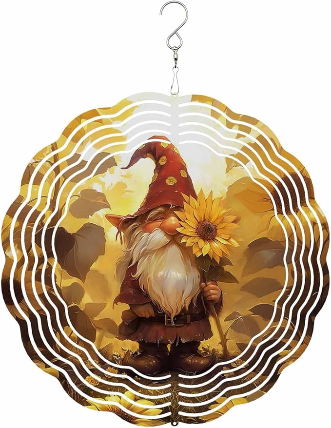 Stainless Steel Wind Spinner for Yard Garden Decoration, Fall Cute Gnomes Sunflower Round Wind Sculpture Spinner 3D Crafts Hanging Ornaments for Indoor Outdoor, 8 Inch
