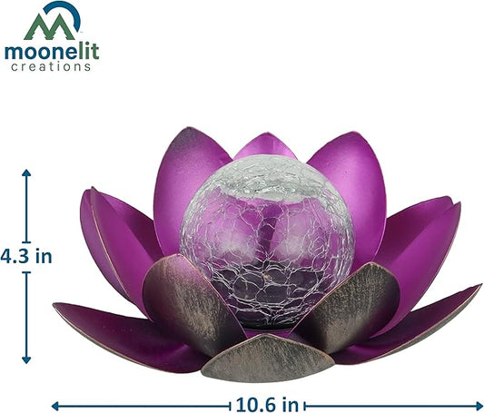 MCSLOTUS-V Violet Lotus Flower Solar LED Garden Light with Crackled Glass Globe – Waterproof Metal Outdoor Décor