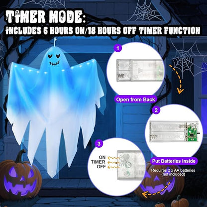 4 Pack Halloween Light up Hanging Ghost Decoration Outdoor, Cute Halloween Decor 31.5" Flying Ghosts with Blue LED Light and Timer for Front Yard Porch Patio Lawn Garden Party Decor Indoor Outdoor