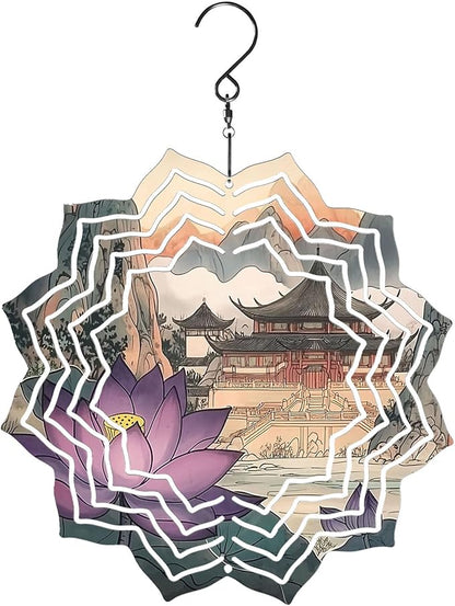 8 Inch Sublimation Wind Spinner, 3D Aluminum Metal Wind Spinner with Hook, Indoor Yard Garden Hanging Decoration, Weather Resistant Rotating Spiral Ornament, Purple Lotus and Temple