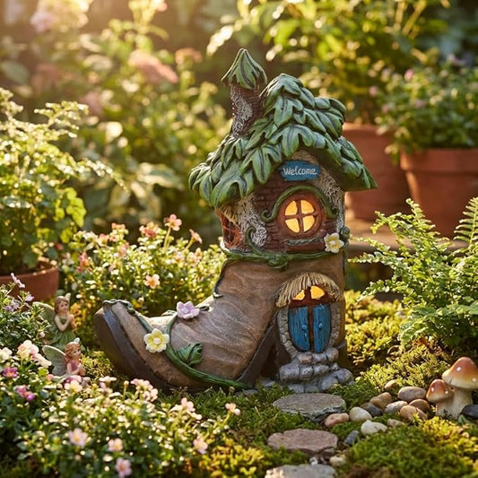 TERESA'S COLLECTIONS Boot Fairy House Garden Statues with Solar Outdoor Light for Garden Decor, Resin Fairy Garden Accessories Outdoor, Home Decorations Lawn Ornaments Yard Decor Gifts for Mom, 6"