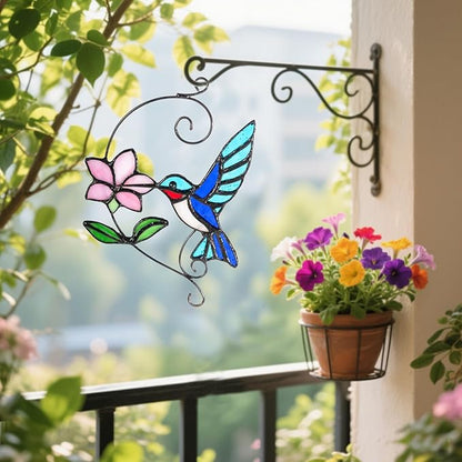 Blue Hummingbird Stained Glass Suncatcher with Flower, Handmade Window Hanging Light Catcher Bird Decor for Home & Garden, Glass Ornament Gift for Mom, Grandma & Nature Lovers
