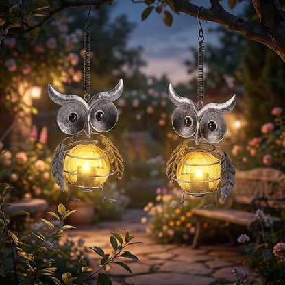Calenzana Silver Owl Outdoor Solar Garden Light, Waterpoof Hanging Solar Light for Yard Patio Backyard Porch, Gifts for Women Mom Grandma