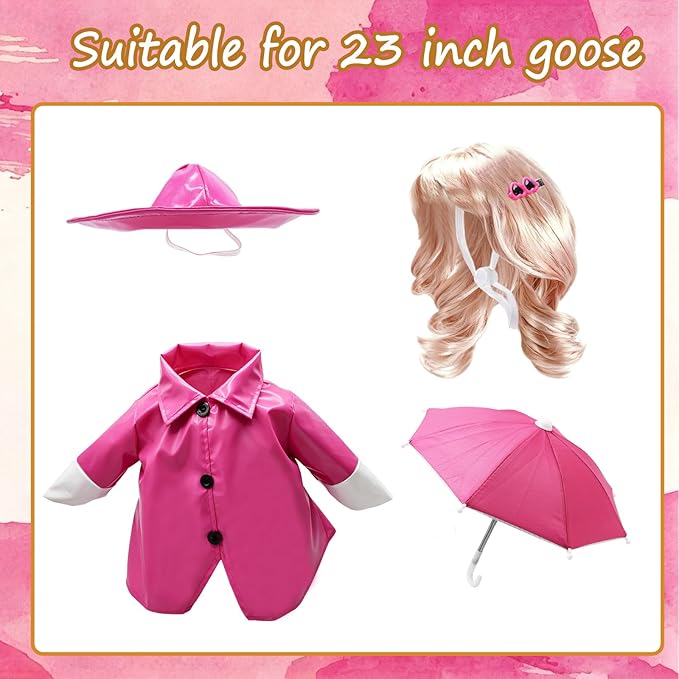 4 Pcs Porch Goose Raincoat with Wigs, Outfits and Clothes, Spring Summer Goose Statue Raincoat Costume, 23" Geese Statue Clothes for Patio Yard Lawn Outdoor Decor (Pink)