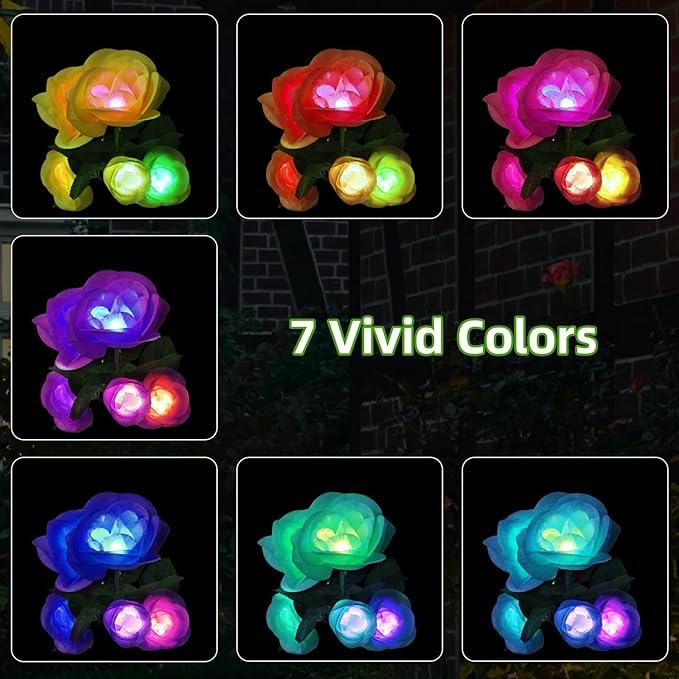 Solar Flowers Lights - Solar Garden Lights Outdoor Waterproof Yellow Rose, 40 Hours Color Changing Solar Powered Outside Decor Decoration for Yard Patio Pathway Lawn, Gifts for Mom, 2pcs