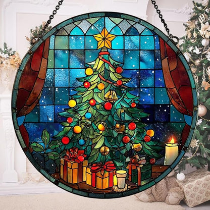 Christmas Tree Colorful Ornaments Hanging Acrylic Suncatcher Stained Glass Effect Window Car Hanging Christmas Ornament Indoor Outdoor Decor Garden Sun Catcher Panel for Women Mom Grandma