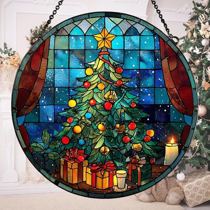 Christmas Tree Colorful Ornaments Hanging Acrylic Suncatcher Stained Glass Effect Window Car Hanging Christmas Ornament Indoor Outdoor Decor Garden Sun Catcher Panel for Women Mom Grandma