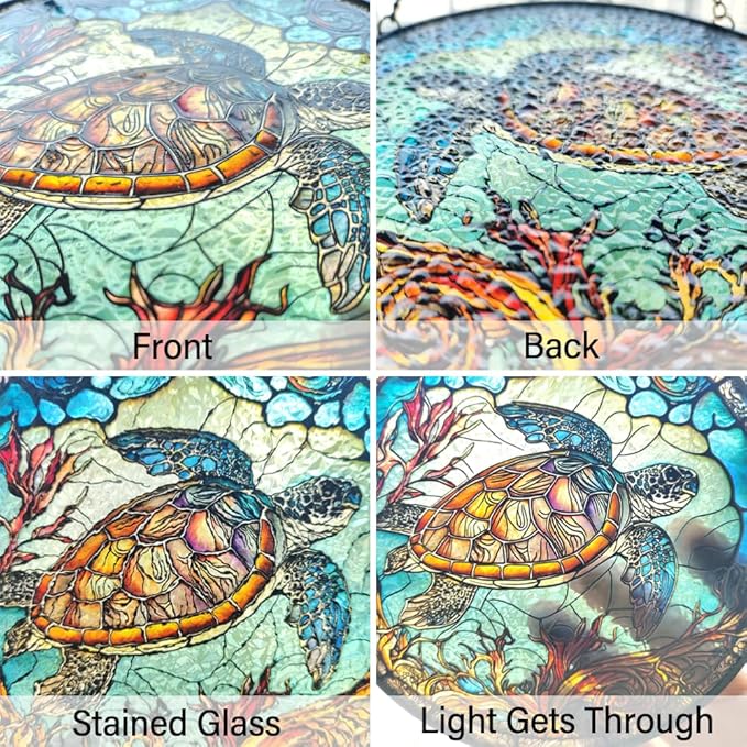 Sea Turtle Decor Suncatcher Stained Glass Window Hanging - Handmade Suncatchers for Windows Hanging - Sea Art Sun Catchers Indoor Outdoor Garden Ornament - Mothers Day Birthday Gifts for Mom Grandma