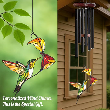 Personalized Metal Wind Chime Garden Sign, 40 Inch Outdoor Colorful Bird & Flower Memorial Decor, Yard Hanging Plaque for Patio Porch Lawn (JSTY369)