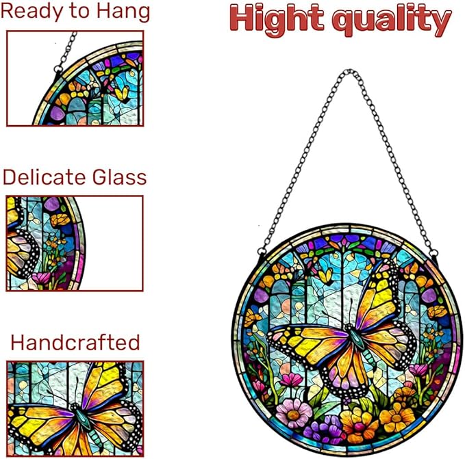 GENANY Butterfly Stained Glass Window Hanging, Sun Catcher with Metal Chain and Hook, Butterfly Spring Ornament Gifts for Women Men, Spring Home Decorations, Floral Themed Housewarming Gifts