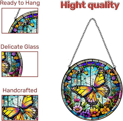 GENANY Butterfly Stained Glass Window Hanging, Sun Catcher with Metal Chain and Hook, Butterfly Spring Ornament Gifts for Women Men, Spring Home Decorations, Floral Themed Housewarming Gifts