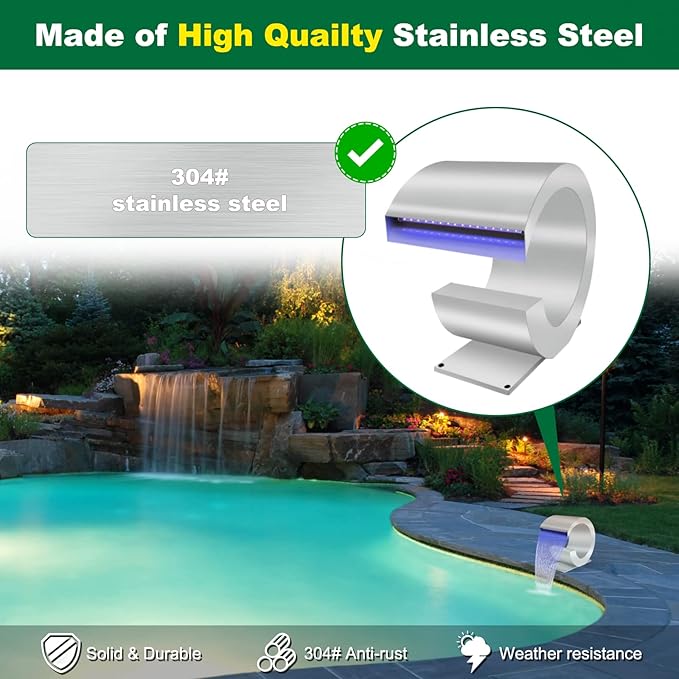 LONGRUN J-Shaped Waterfall Spillway Stainless Steel Swimming Pool Fountain with Color Changing LED Light, Outdoor Pond Waterfalls Kit for Garden Patio Swimming Pool Koi Ponds Decoration -13.6" Height