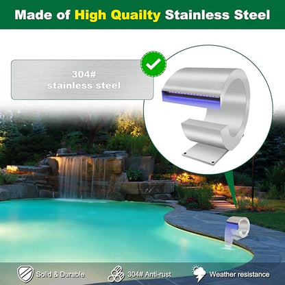 LONGRUN J-Shaped Waterfall Spillway Stainless Steel Swimming Pool Fountain with Color Changing LED Light, Outdoor Pond Waterfalls Kit for Garden Patio Swimming Pool Koi Ponds Decoration -13.6" Height