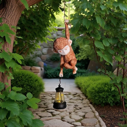Solar Powered Hanging Monkey Figurine with LED Lantern Resin Climbing Baby Chimpanzee Vine Statue for Garden, Yard, Wall Decor – Waterproof, Durable & Adorable Outdoor Solar Light
