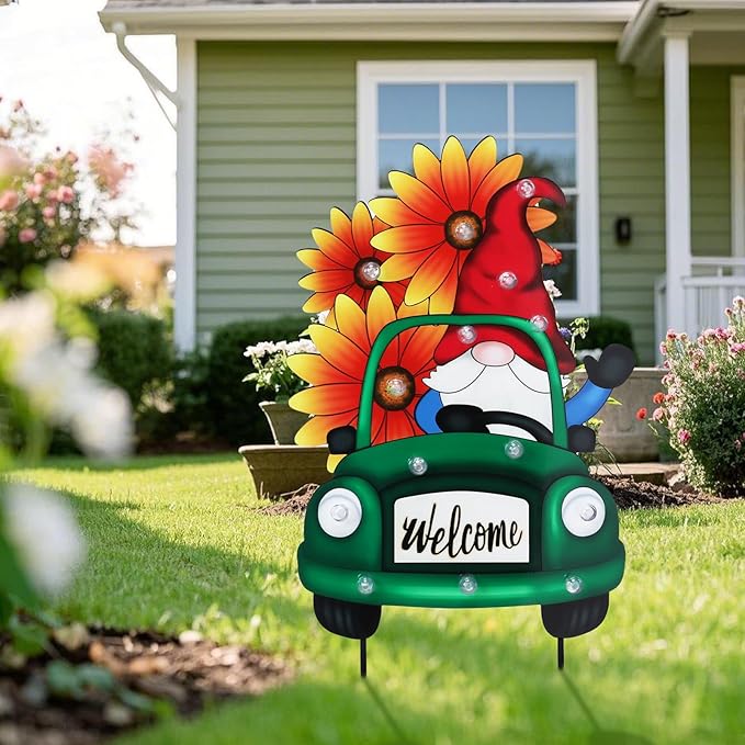 WONDER GARDEN Decorative Garden Stakes - Lighted Gnome Drive Truck Yard Sign Stakes with Sunflower, Spring Welcome Signs for Outdoor, Porch, Yard,Flower Bed Decor