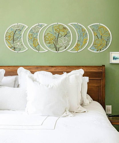 Putuo Decor 5 Pcs Moon Phase Wall Art Set, Minimalist Flower Boho Wall Decor Aesthetic, Spiritual Floral Moon Hanging Art Ornament for Apartment Living Room Bathroom Bedroom Above Bed
