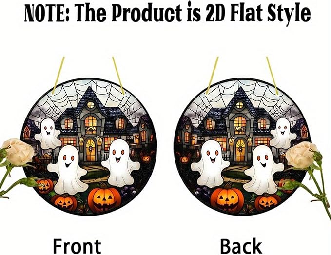 7.9inch Cute Halloween Suncatcher for Window Hanging,Ghost Pumpkin Castle Acrylic Suncatcher with Chain Halloween Window Decor for Home, Garden, Housewarming Round Ornament, Gift for Women Friend