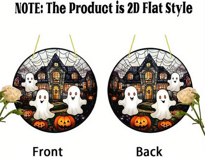 7.9inch Cute Halloween Suncatcher for Window Hanging,Ghost Pumpkin Castle Acrylic Suncatcher with Chain Halloween Window Decor for Home, Garden, Housewarming Round Ornament, Gift for Women Friend