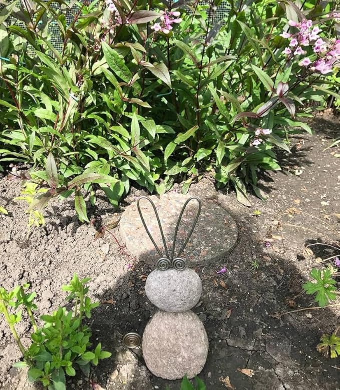 Handmade River Stone Rabbit Garden Statue 11 Inch Metal & Natural Stone Outdoor Bunny Accent, Memorial Day Yard Decor