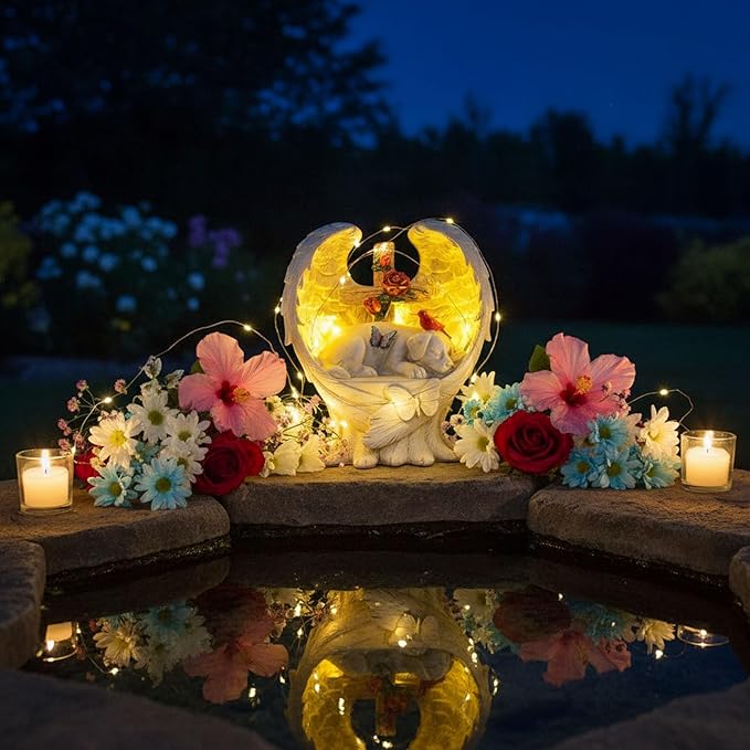 Solar Dog Memorial Stone with Angel Wings Cross Cardinal Passing Away Gifts, Sleeping Pet Grave Markers Dog Loss Sympathy Gift Resin Statue with Solar Lights for Garden Decor