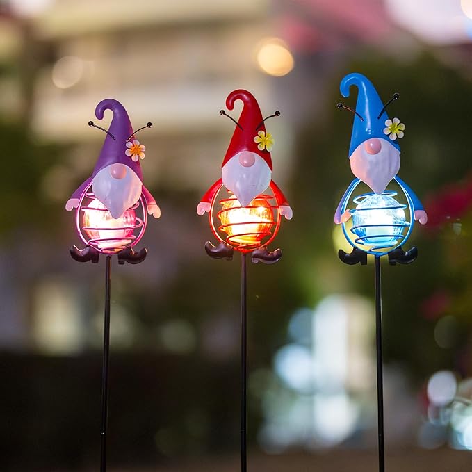 Gnome Solar Garden Lights, 22.4" H Waterproof Decorative Solar Stake Light, 3 Pcs Outdoor Statues Figurine Lights for Spring Garden Lawn Patio Yard Decoration