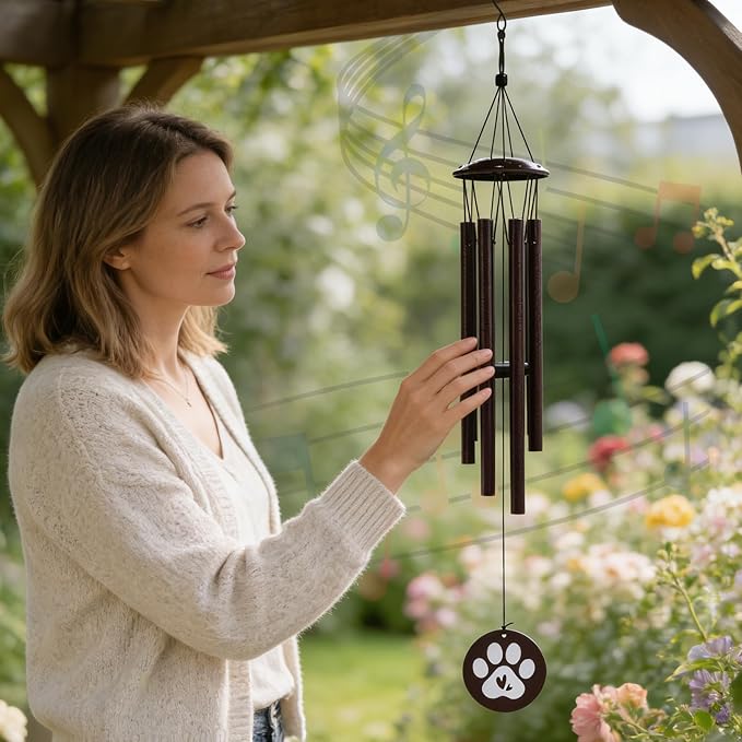 Premium Metal Pet Memorial Wind Chime with Paw Print, Black, for Dog Cat Remembrance, Garden Outdoor Sympathy Bereavement Gift (26inch)