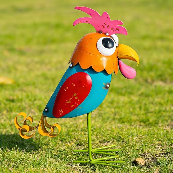 Metal Wacky Rooster Garden Statues, 11” Rooster Outdoor Decor Chicken Yard Art Sculptures Decoration for Home Outsiede Patio Lawn Backyard, Gift for Women Lovers Moms(Red & Blue)