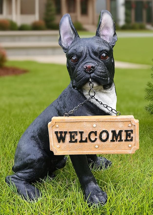 Black French Bulldog Garden Statue with Solar Lantern & Double-Sided Sign, 13.8" Resin Frenchie Dog Figurine Outdoor Decor, Waterproof Lawn Ornament Welcome Yard Art for Patio, Porch, Gifts