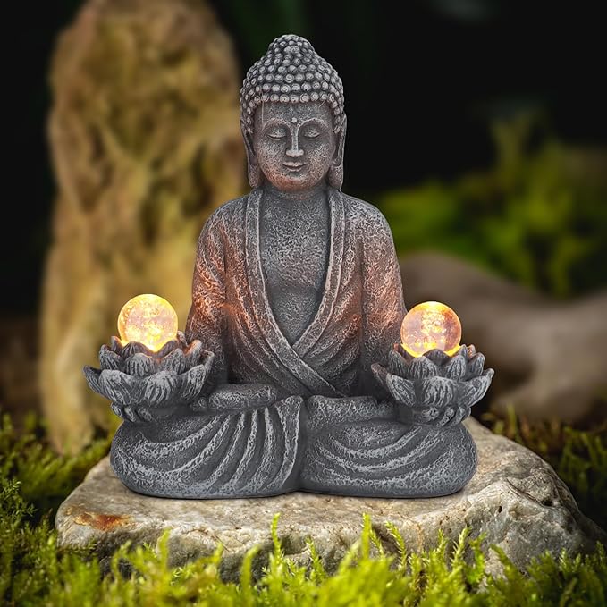 nawaza Buddha Statue Garden 8.2″ Solar Resin for Home Decor Yard Garden Patio Lawn Ornaments, Prayer Spiritual Living Figurine, Decor Outdoor Buddha Figurine Premium Gray