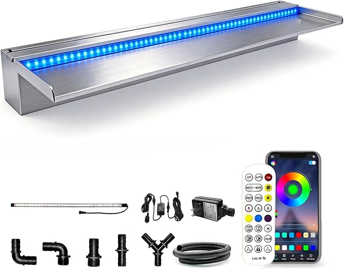 LONGRUN with lid Stainless Steel Waterfall Spillway, APP Control Multi-Color LED Light Outdoor Pool Fountain, Water Spillway Koi Pond Waterfalls Fountains Kit for Garden Patio Swimming Pool-35.4"