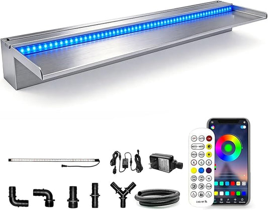 LONGRUN with lid Stainless Steel Waterfall Spillway, APP Control Multi-Color LED Light Outdoor Pool Fountain, Water Spillway Koi Pond Waterfalls Fountains Kit for Garden Patio Swimming Pool-35.4"