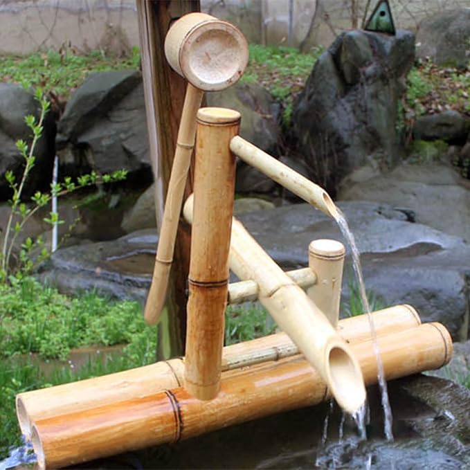 Bamboo Outdoor Garden Water Fountain Decoration, Detached Feng Shui Waterscape with Pump, Pond Waterfall Landscape Kits Handmade for Fish Tank