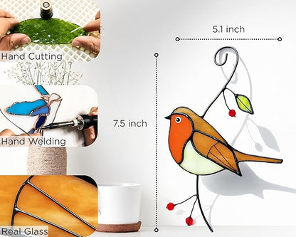 Robin Stained Glass Window Hanging - Handmade Real Glass Robins Suncatcher - Gifts for Women, Mom, Grandma, Mother - Elegant Gifts Box Bird Sculpture Home Decor (H7.5xW5.1 Inch)